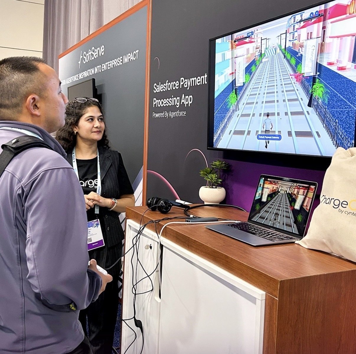 A ChargeOn team member demoing the game