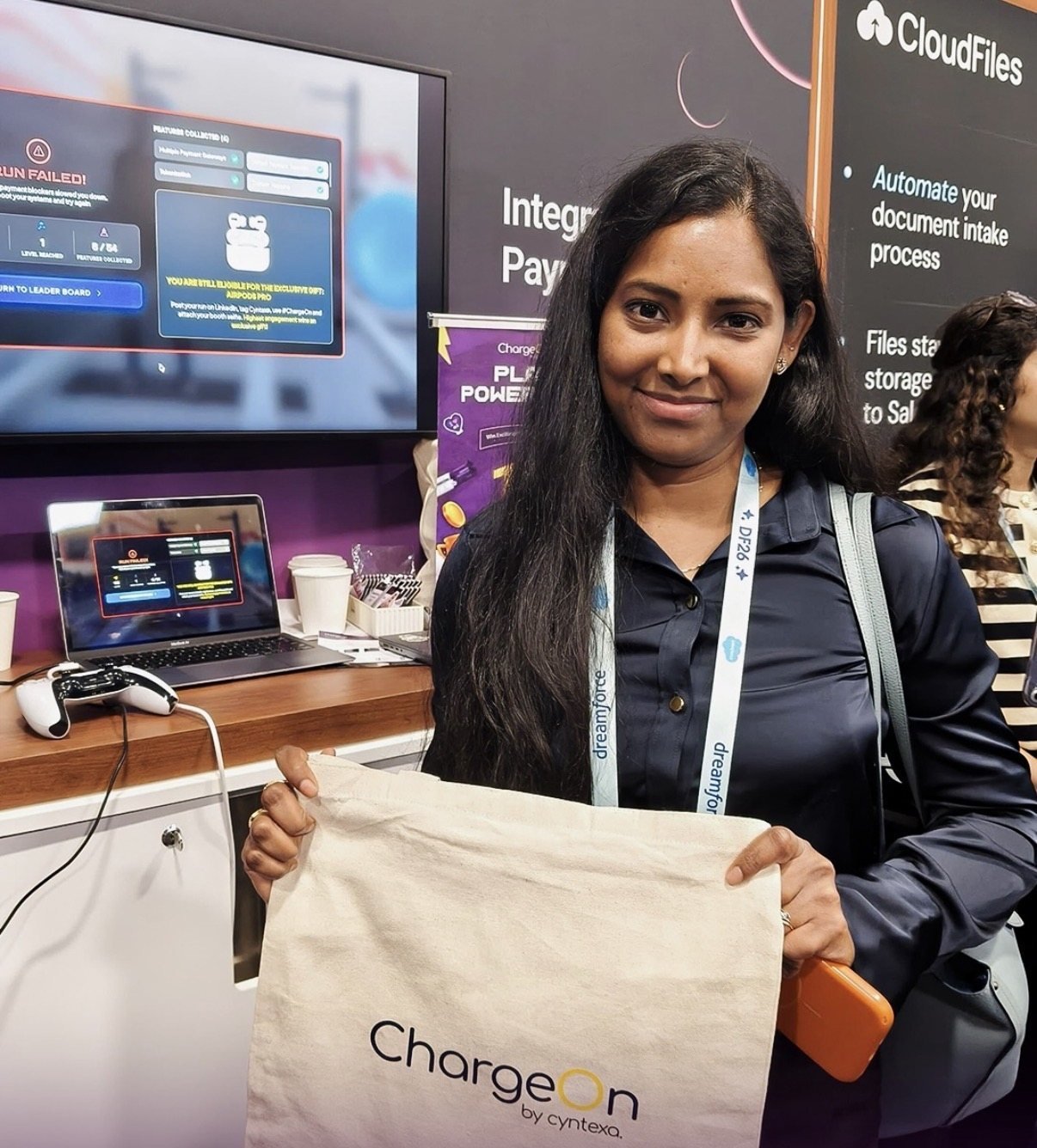 An attendee at the booth after finishing a run