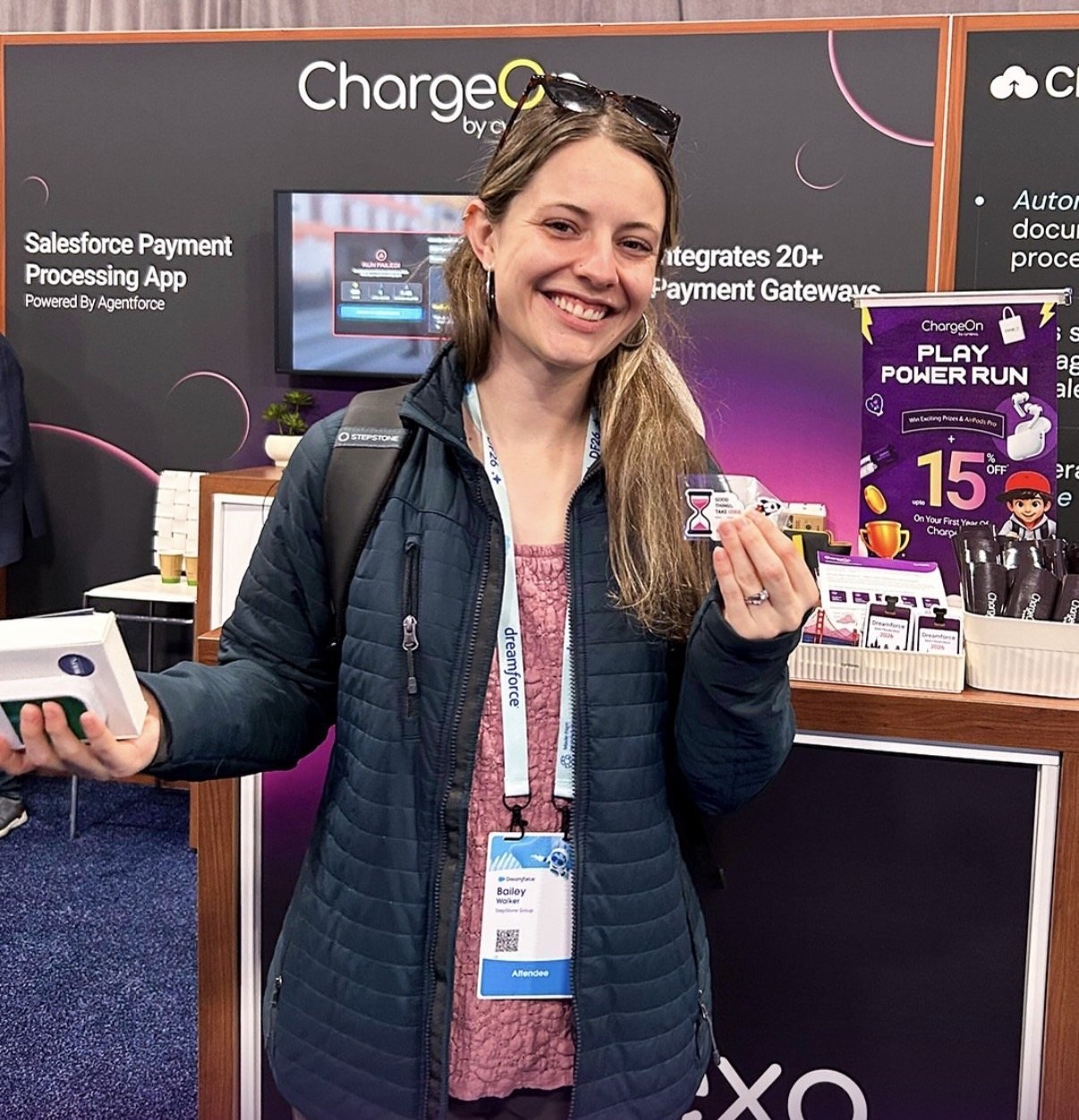 An attendee with a booth reward