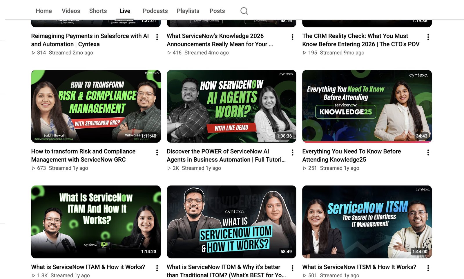 The ServiceNow webinar series on the Cyntexa YouTube channel: GRC, AI agents, Knowledge 2025 and 2026, ITAM, ITOM and ITSM sessions co-hosted by Surbhi Rawat and the CTO
