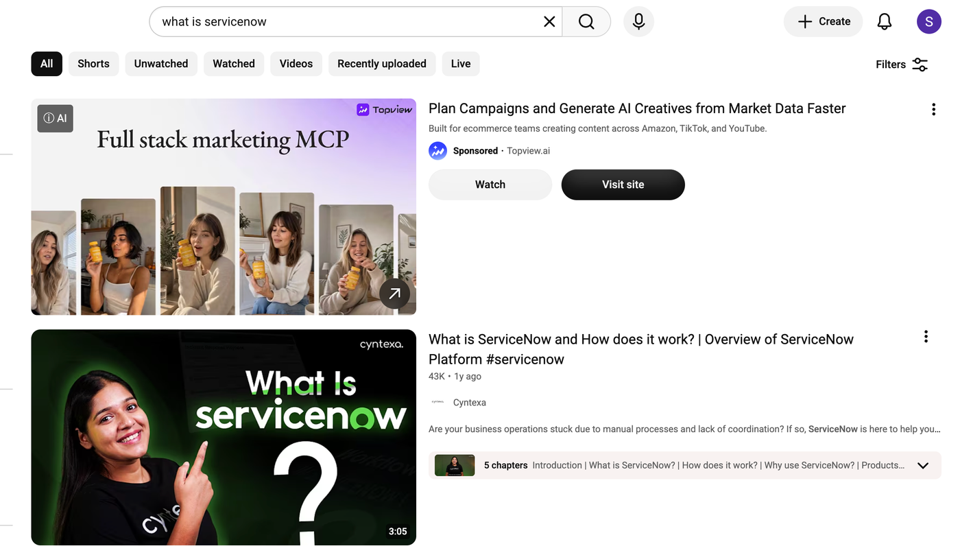 YouTube search for “what is servicenow” — the category video, a year on